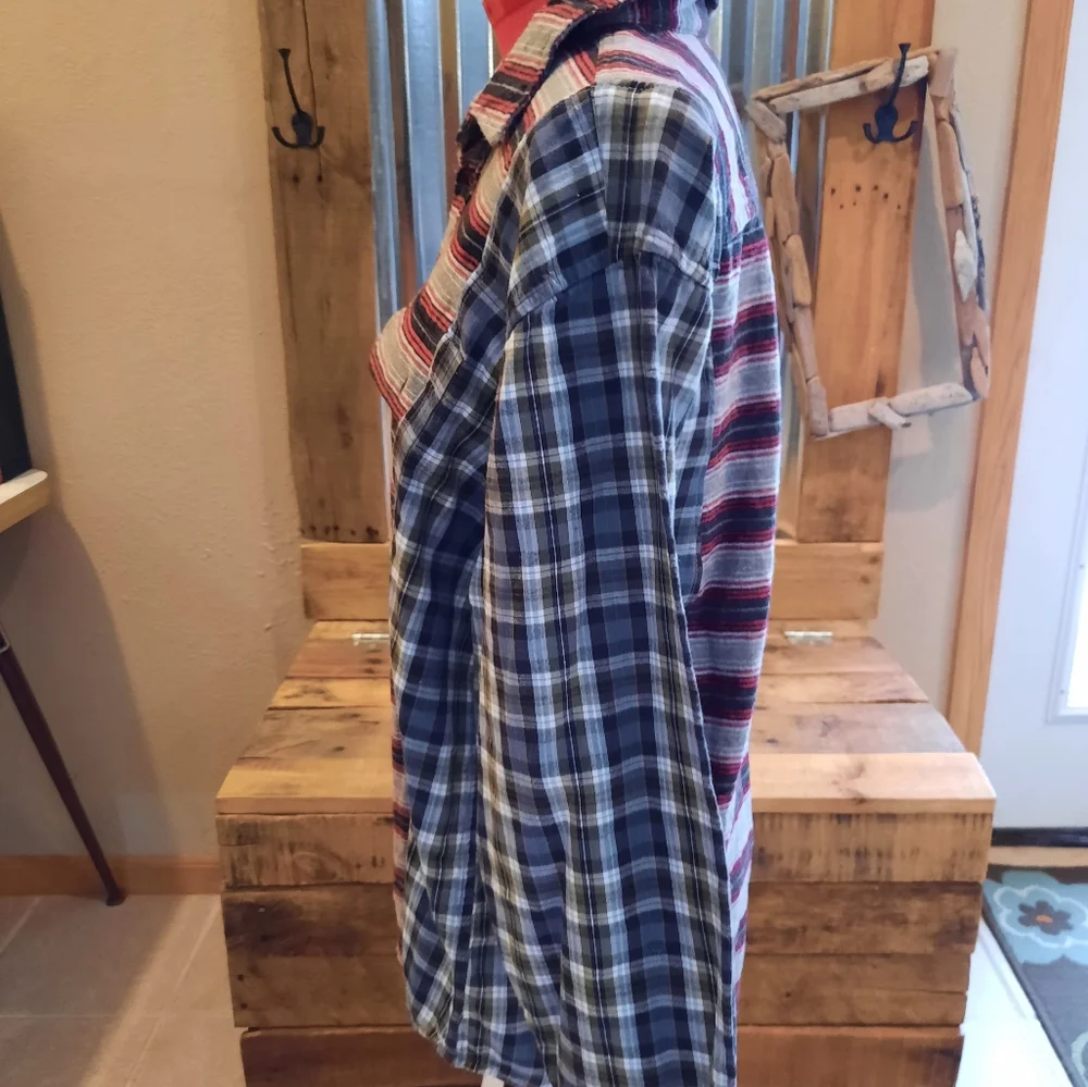 Spliced Flannel Plaid Shirt Upcycled Mens M-L womans L-XL unisex - Picture 4 of 5